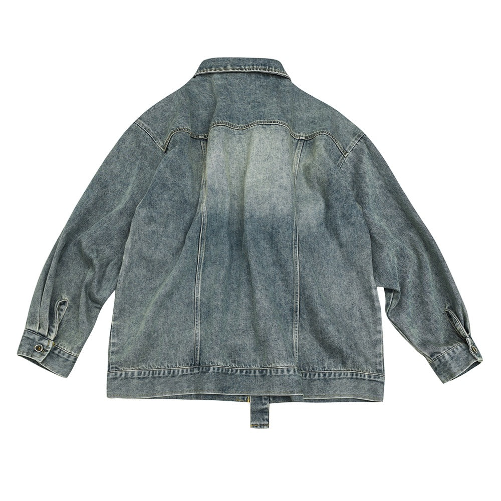 Unisex Jacket Retro Loose Washed-out Large Workwear with Pocket Denim Clothes Jacket