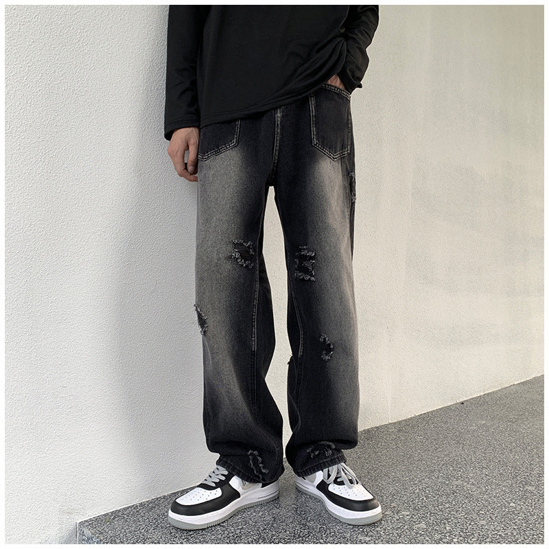 Men Jeans Ripped Jeans Men's Autumn Retro Loose Straight Trousers
