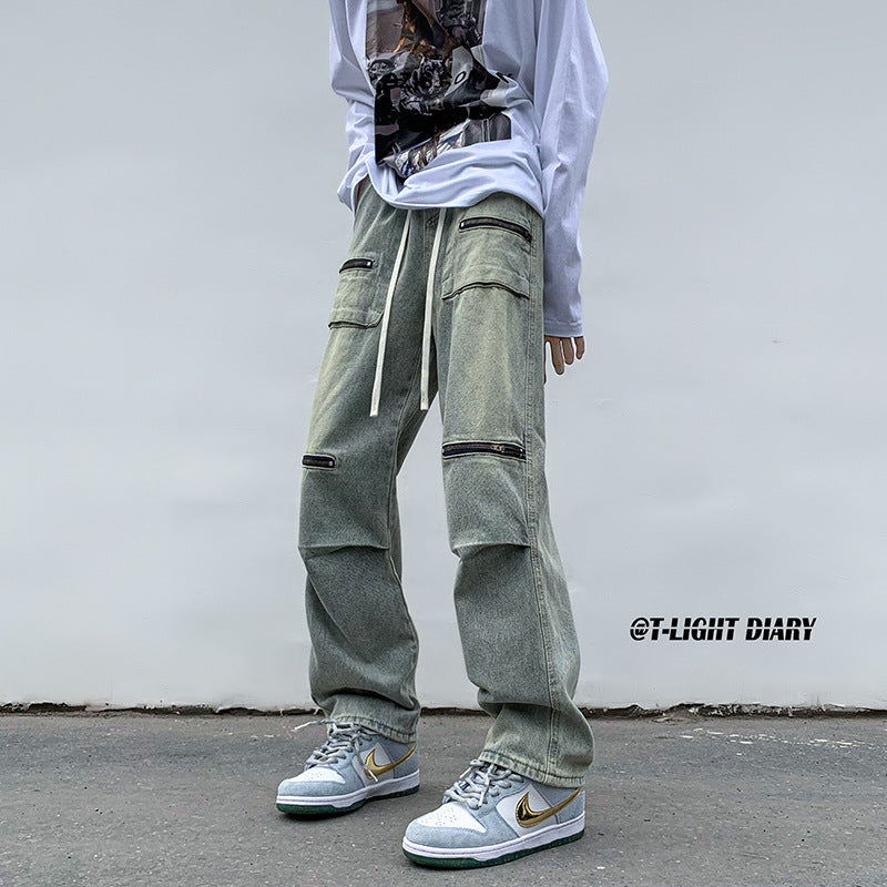 Men Jeans Cargo Jeans Spring and Autumn Zipper Wide Leg Trousers