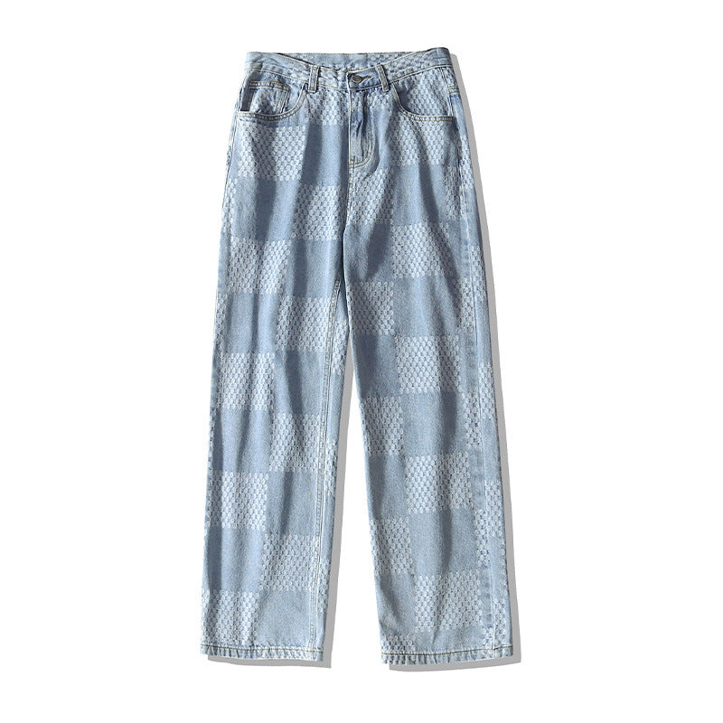 Men Jeans Chessboard Plaid Jeans Autumn Straight Wide-Leg Pants Retro Loose Trousers