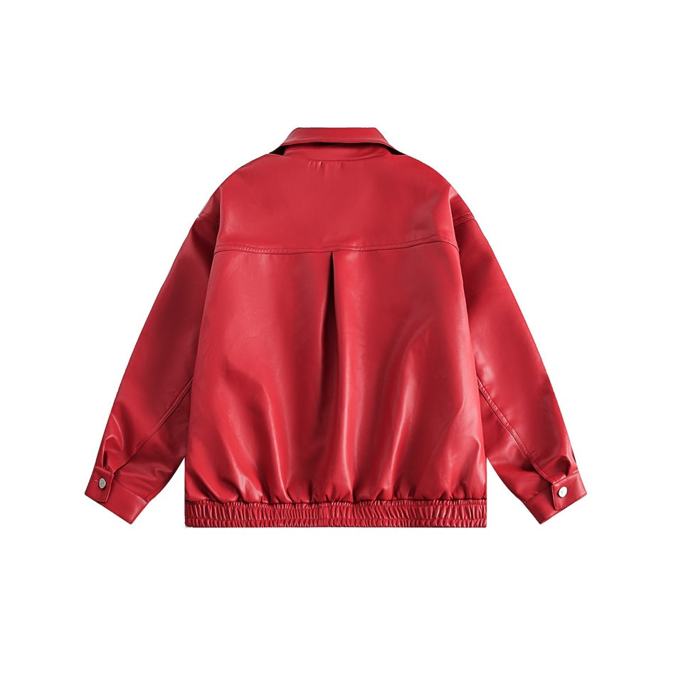 Unisex Jacket Fall Loose Lapels PU Leather Jacket Retro Biker's Coat