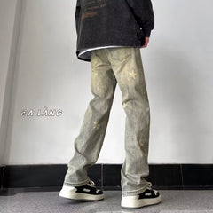 Men Jeans Retro Washed Straight-Leg Pants Loose Casual Pants