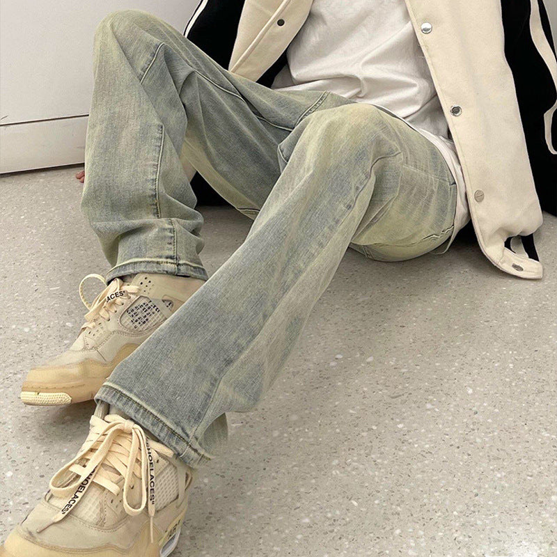 Men Jeans Loose Washed-out Old Straight-Leg Pants