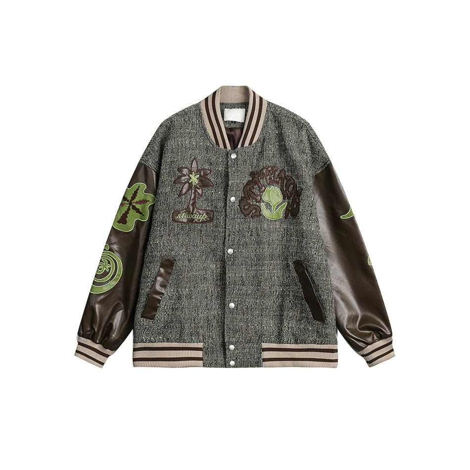 Unisex Jacket Pu Sleeve Baseball Collar Jacket for Men and Women