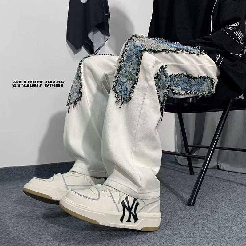 Men Jeans Patchwork Stitching Jeans Loose Straight Trousers
