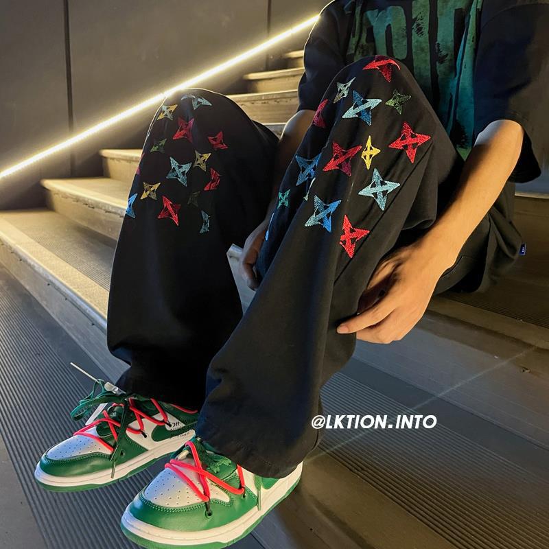 Men Jeans Embroidered Jeans Baggy Straight Trousers