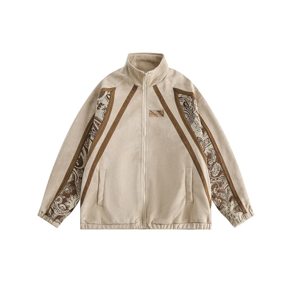 Unisex Jacket Autumn Retro Patchwork Jacket Men's and Women's Stand Collar Coat