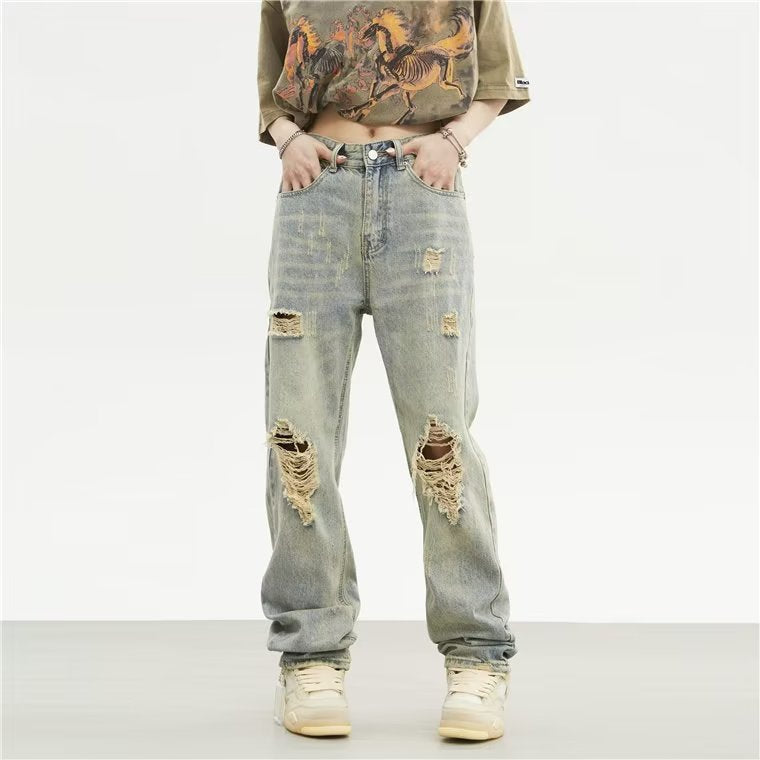 Men Jeans Retro Tattered Jeans Jeans Straight Loose Pants