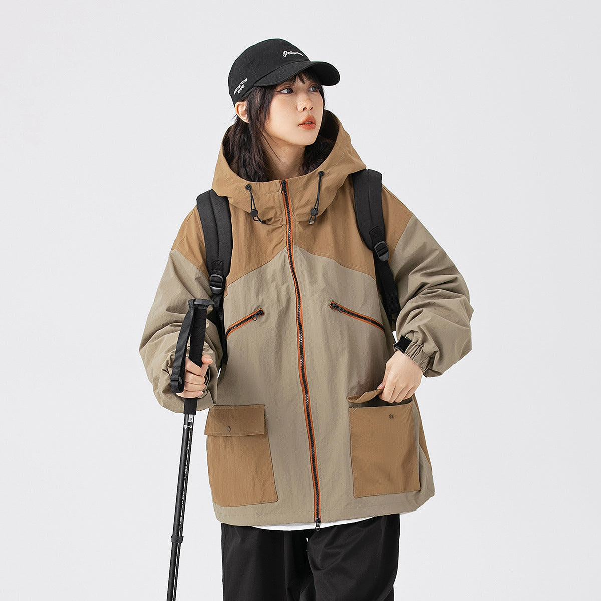 Unisex Jacket Retro Style Colorblock Hood Jacket Coat Loose Shell Jacket
