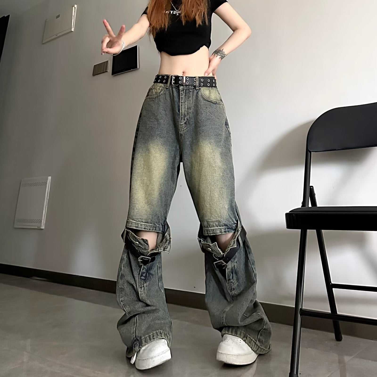 Men Jeans Washed Distressed Pants Ripped Jeans Straight-Leg Pants