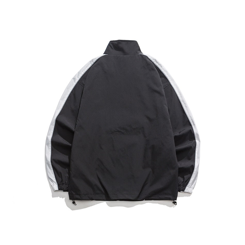 Unisex Jacket Vintage V Contrast Color Stand-up Collar Sports Jacket Men's and Women's Coats