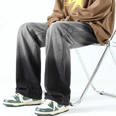 Men Jeans Loose Straight Autumn and Winter Washed Wide Leg Casual Trousers