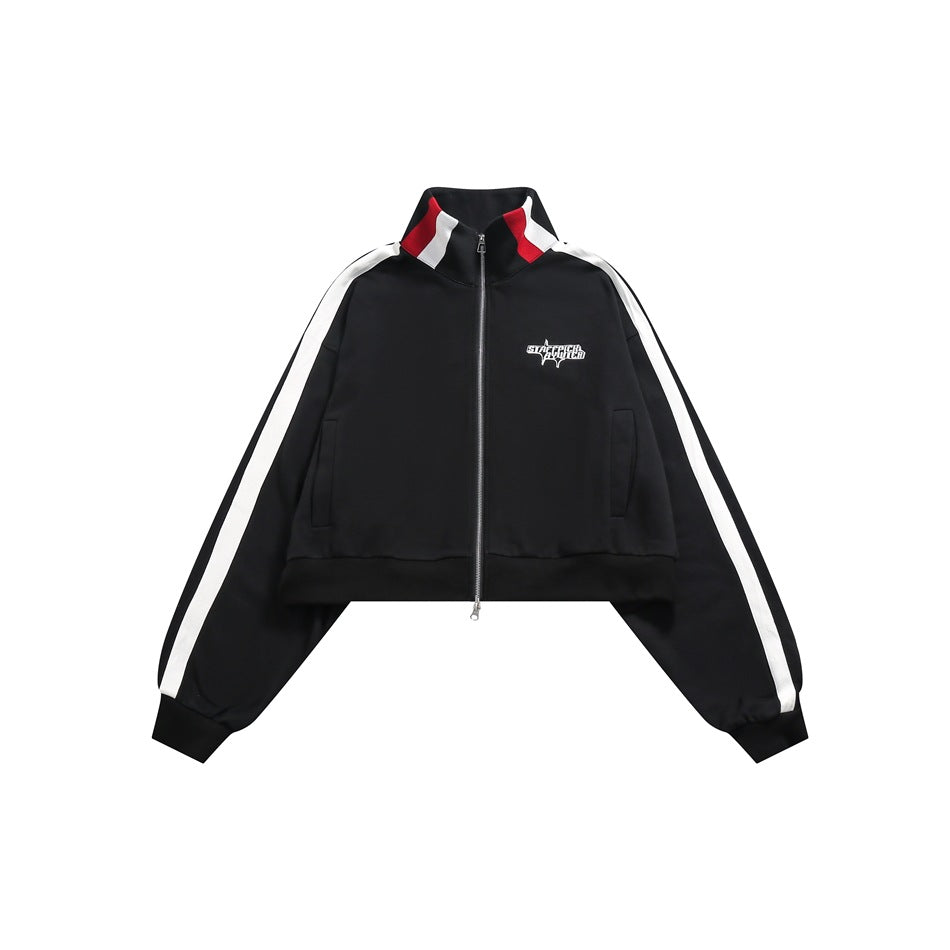 Unisex Jacket Vintage Stripe Short Sports Jacket Men's and Women's Slim Stand Collar Jacket