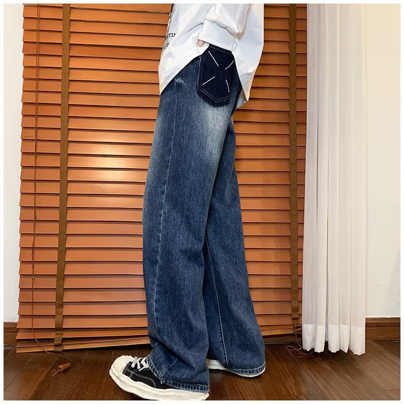 Men Jeans Straight Jeans Spring Retro Washed Loose Casual Trousers