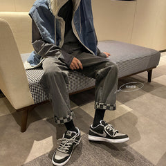 Men Jeans Summer Jeans Loose Wide Leg Pants Straight Plaid Pants