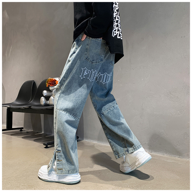 Men Jeans Ripped Jeans Men's Summer Letter Embroidery Slit Loose Straight Casual Trousers