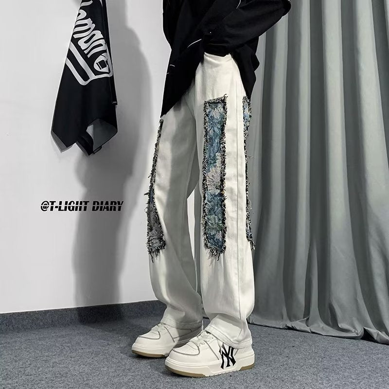 Men Jeans Patchwork Stitching Jeans Loose Straight Trousers