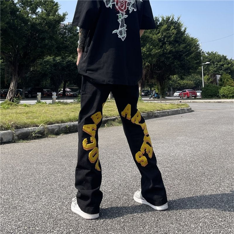 Men Jeans Flocking Embroidered Jeans Loose Trousers