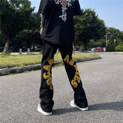 Men Jeans Flocking Embroidered Jeans Loose Trousers