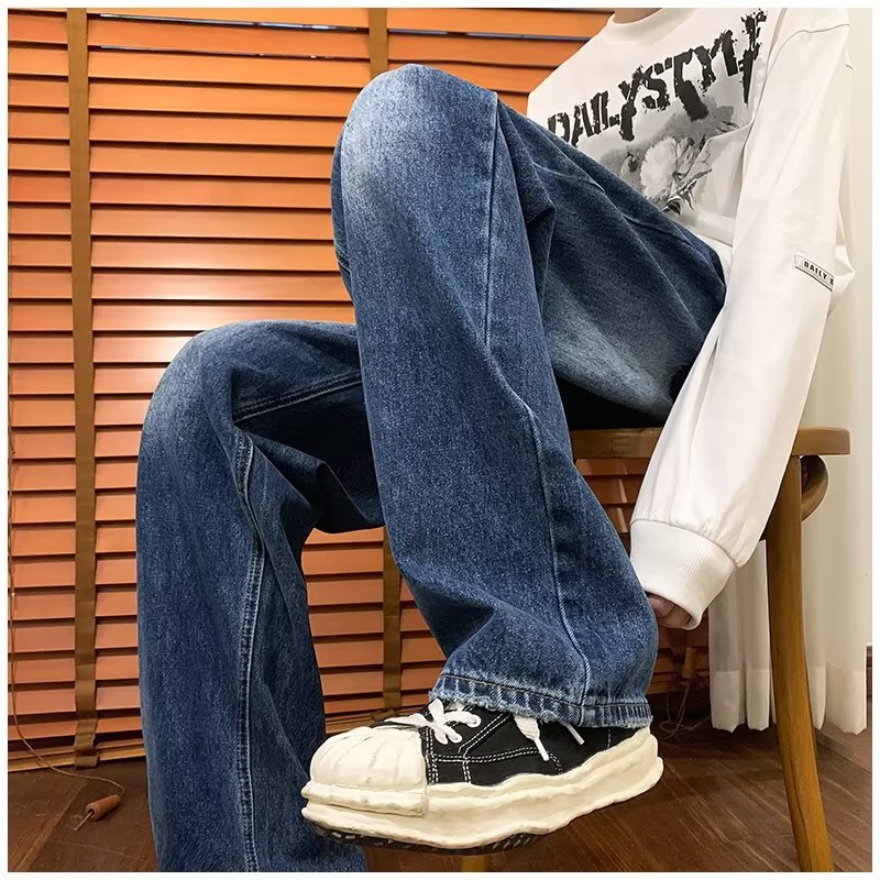 Men Jeans Straight Jeans Spring Retro Washed Loose Casual Trousers