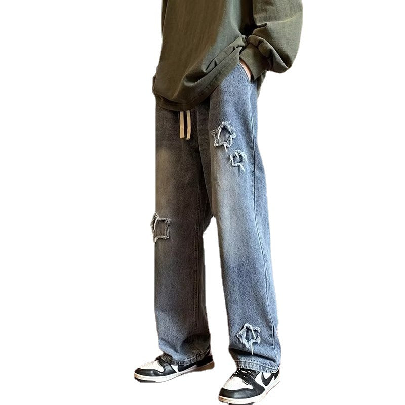 Men Jeans Vintage Patch Straight-Leg Pants Spring Baggy Pants