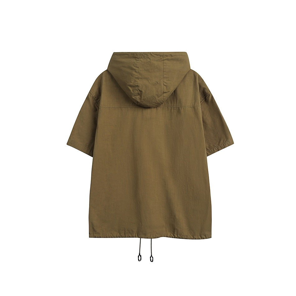 Unisex Jacket Summer Workwear with Pocket Jacket Loose Short Sleeve Hooded Jacket