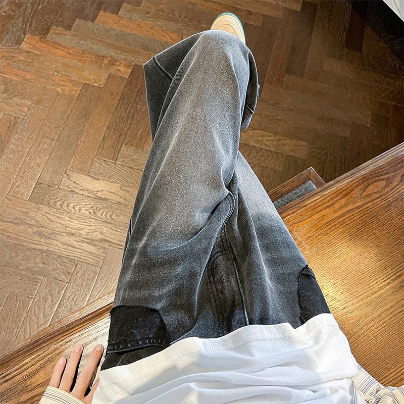 Men Jeans Fall Casual Wide-Leg Trousers Washed-out Vintage Straight-Leg Pants