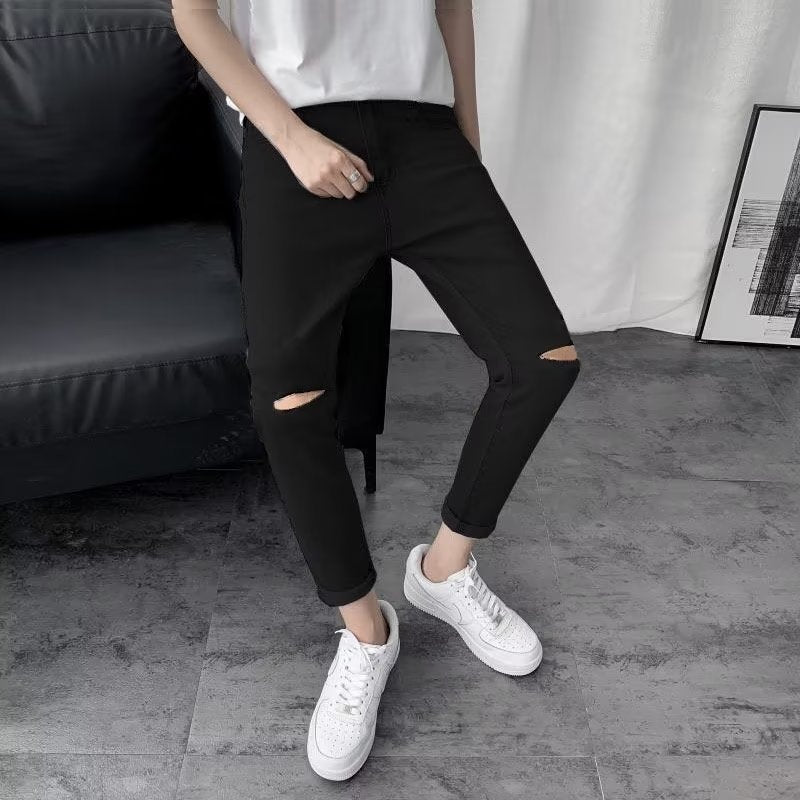 Men Jeans Summer Thin Black Ripped Jeans