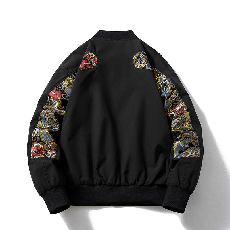 Mens Vintage Jackets Hong Kong Style Dragon Pattern Splicing Baseball Jacket
