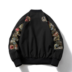 Mens Vintage Jackets Hong Kong Style Dragon Pattern Splicing Baseball Jacket