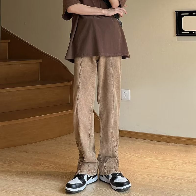 Men Jeans Brown Coffee Color Jeans Zipper Split Bootcut Trousers
