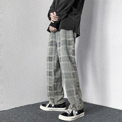 Men Jeans Autumn Plaid Worn Jeans Wide Leg Pants Loose Straight Trousers