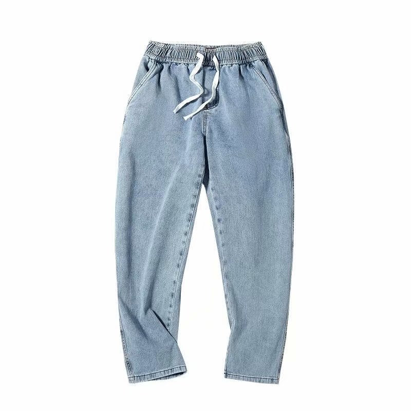 Men Jeans Vintage Light Color Elastic Waist Jeans Straight Wide Pants
