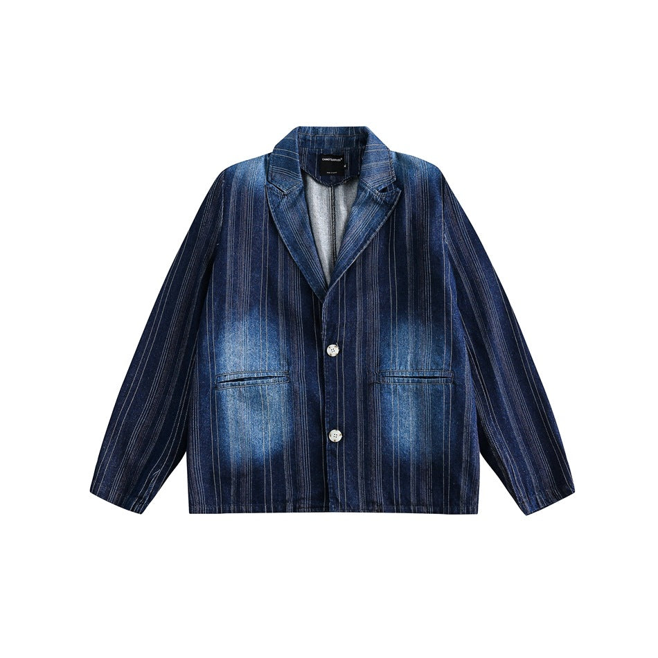 Unisex Jacket Vintage Suit Collar Denim Coat Striped Jacket