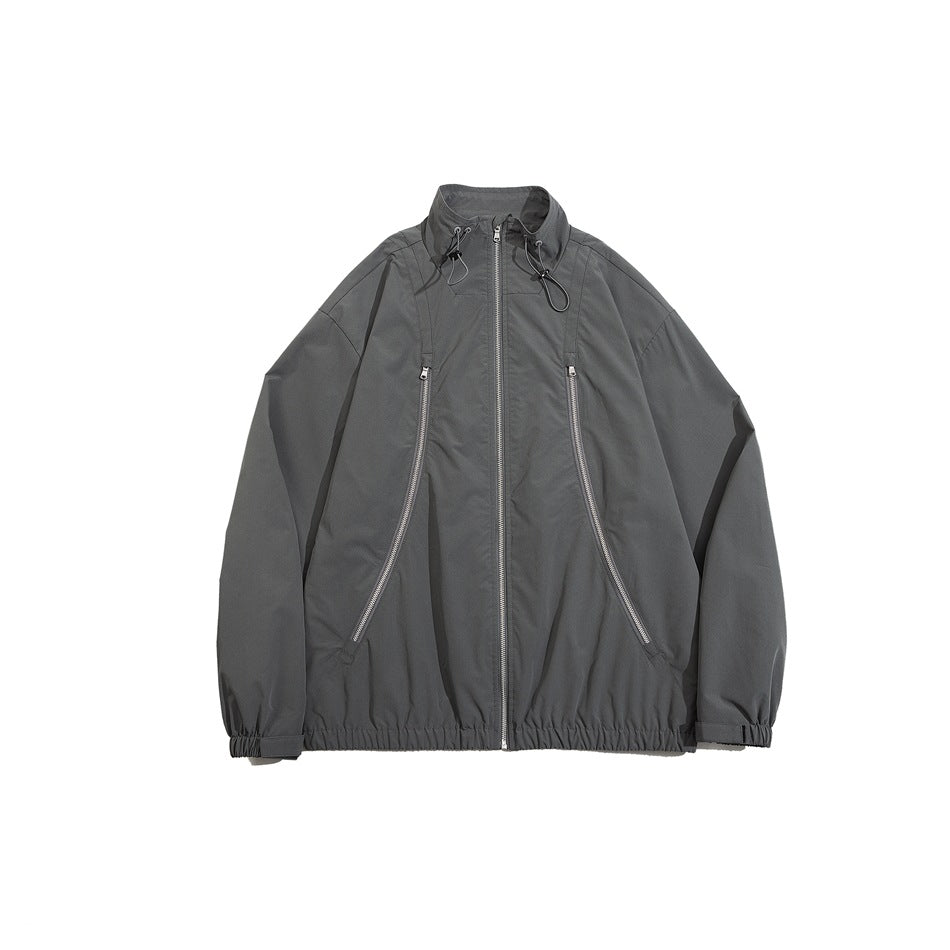 Unisex Jacket Vintage Zipper Stand Collar Coat for Men and Women Same Style Loose-Fitting Workwear Jacket