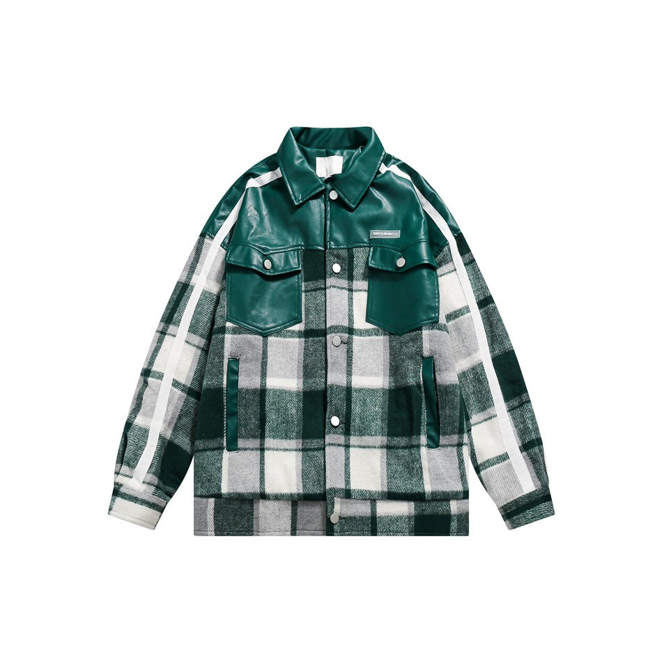 Unisex Jacket Vintage Plaid Stitching PU Leather Jacket