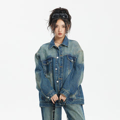 Unisex Jacket Vintage Worn Looking Washed-out Denim Jacket Loose Denim Jacket