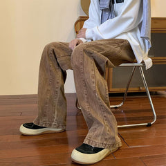Men Jeans Washed-out Vintage Jeans Autumn Hiphop Loose-Fitting Wide-Leg Trousers