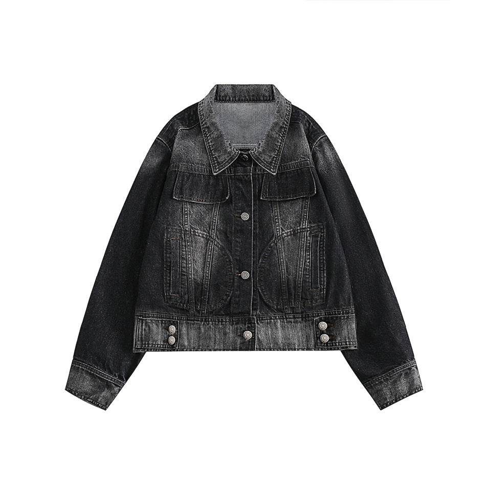 Unisex Jacket Vintage Top Washed Denim Jacket for Women Turn-down Collar Coat Spring and Autumn
