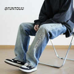 Men Jeans Hiphop Straight-Leg Trousers Retro Loose Wide Leg Pants