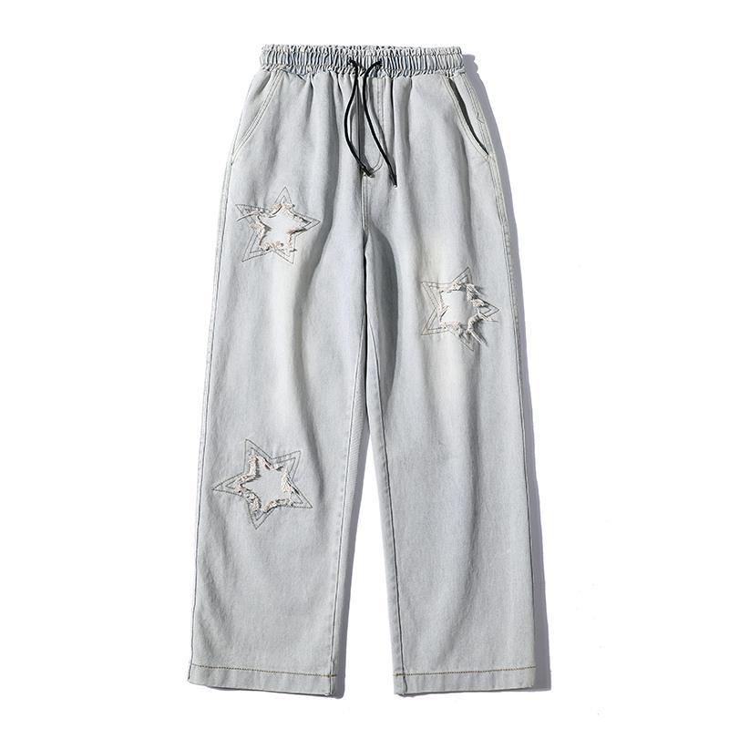 Men Jeans Five-Pointed Star Summer Washed-out Vintage Wide Leg Denim Trousers