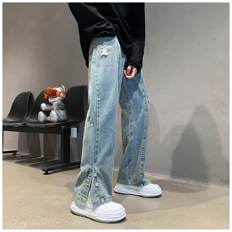 Men Jeans Ripped Jeans Men's Summer Letter Embroidery Slit Loose Straight Casual Trousers
