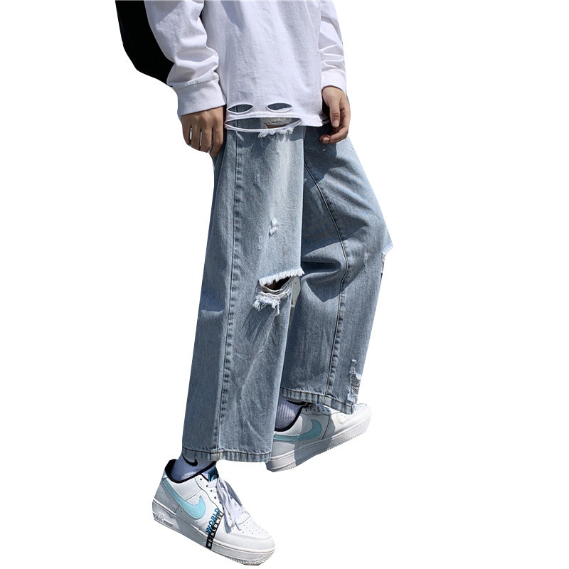 Men Jeans Ripped Jeans Men's Summer Vintage Straight Loose Wide Leg Pants