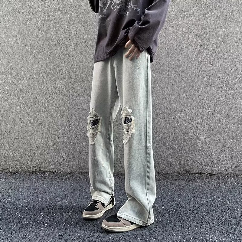 Men Jeans Gray Broken Hole Jeans Public Zipper Split Bootcut Trousers