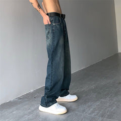Men Jeans Retro Wide-Leg Pants Casual Straight-Leg Washed Jeans