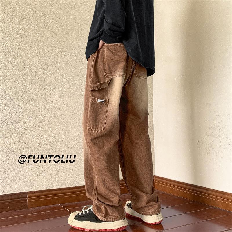 Men Jeans Vintage Brown Jeans Men's Autumn Loose Straight Wide Leg Pants