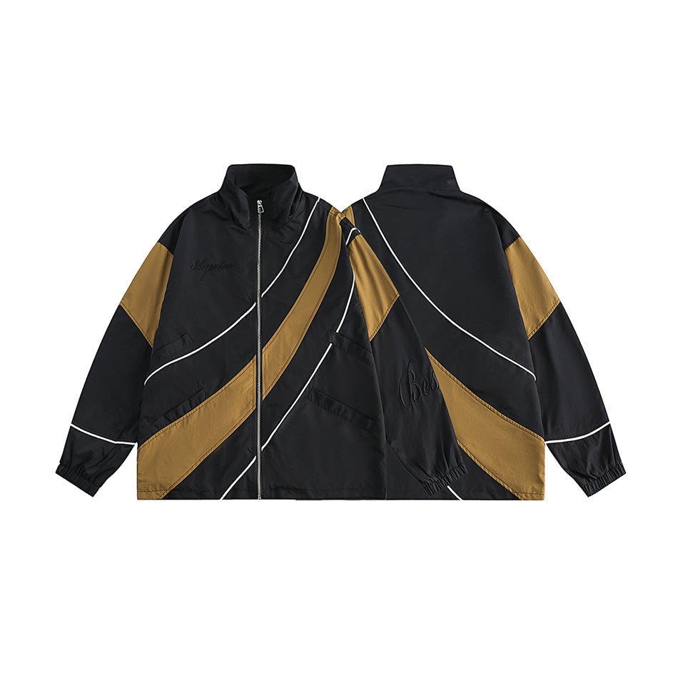 Unisex Jacket Spring and Autumn Retro Patchwork Contrast Color Stand-up Collar Coat