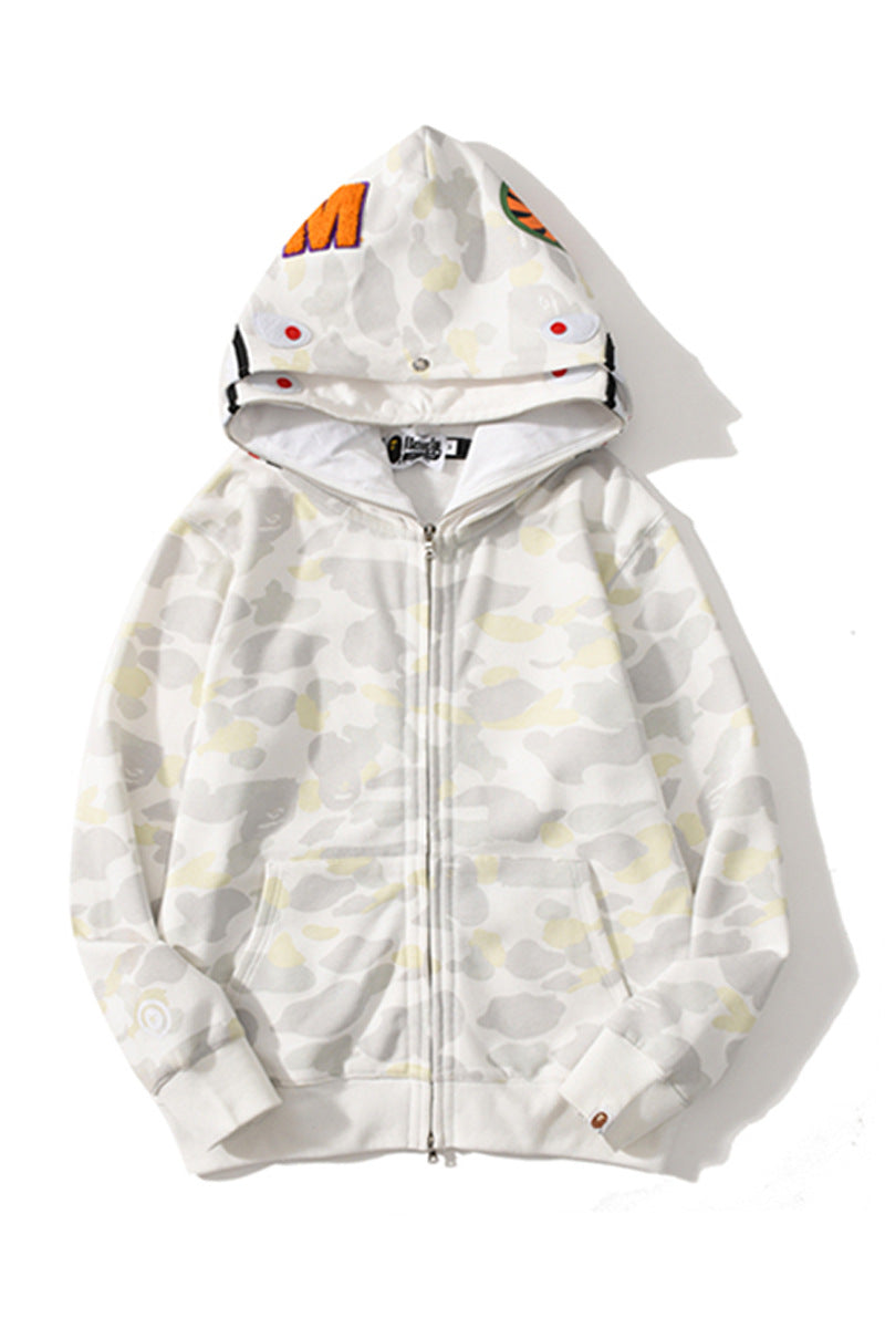 Bathing Ape Hoodie Double Hat Luminous Camouflage Cardigan Zip Hooded Velvet Shark