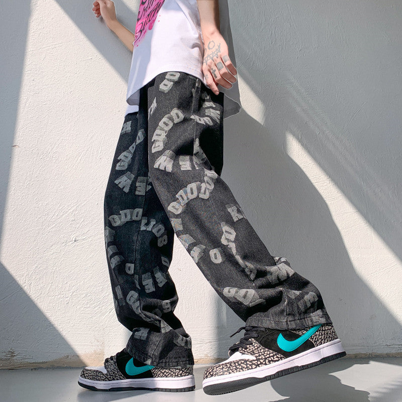 Men Jeans Summer Loose Printed Trousers Casual Wide Leg Pants