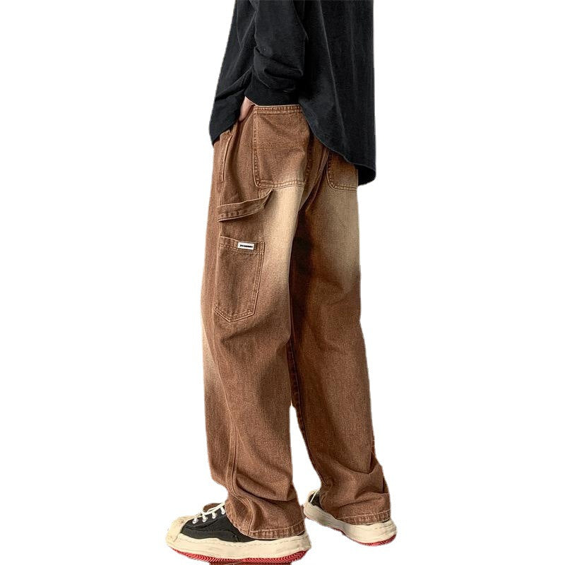 Men Jeans Vintage Brown Jeans Men's Autumn Loose Straight Wide Leg Pants